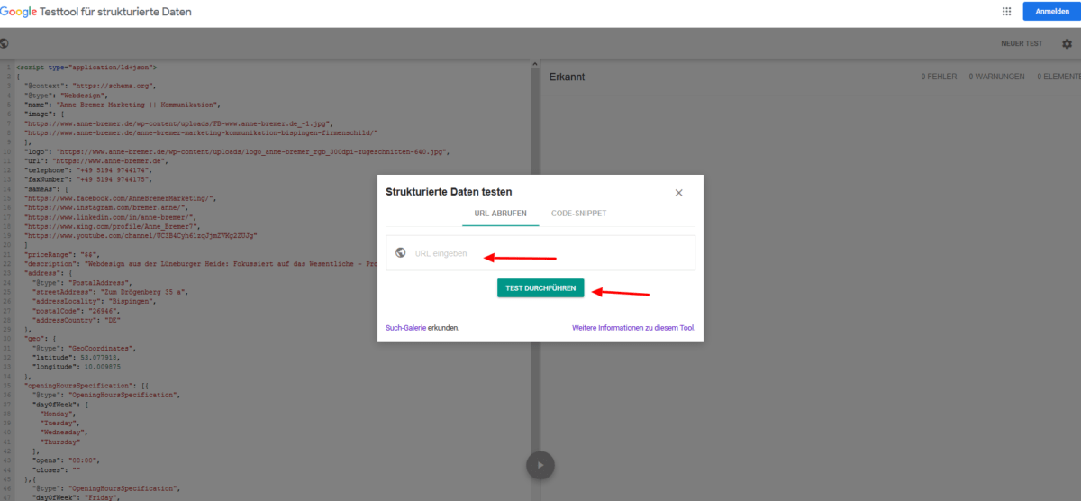 Screenshot Testtool für Strukturierte Daten von Google