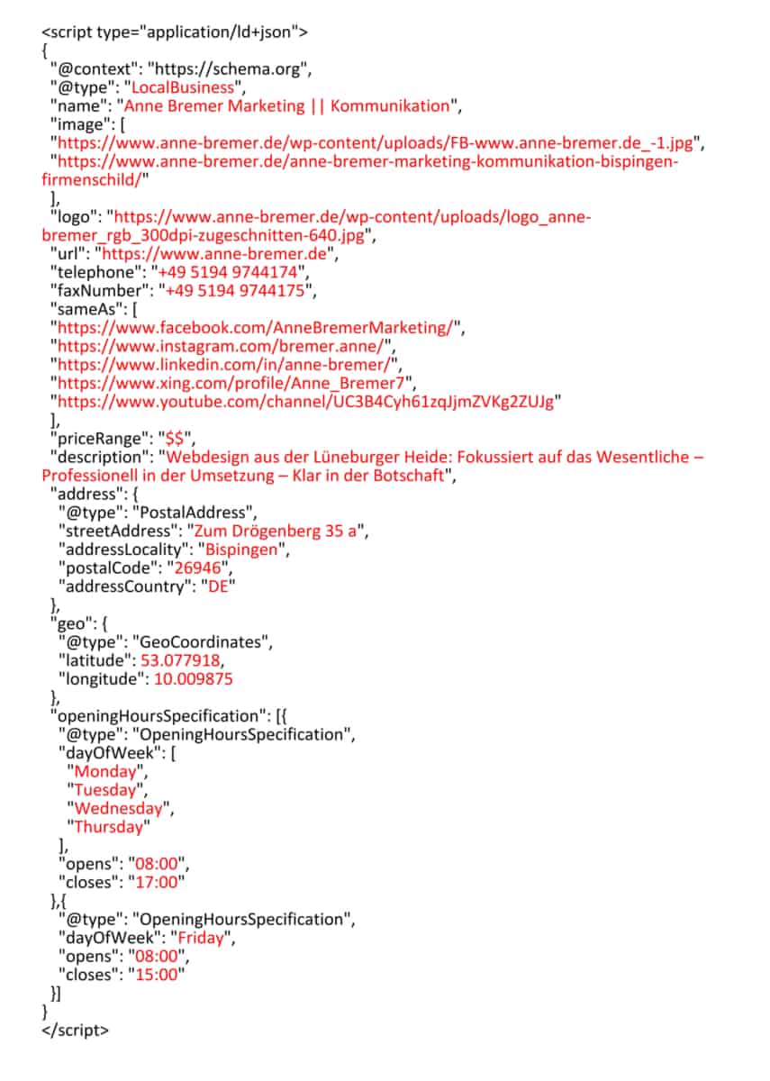 Screenshot Strukturierte Daten "Local Business" im Format JSON-LD